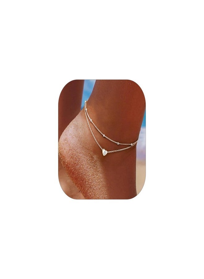ChicSilver أساور كاحل شيك سيلفر للنساء أساور كاحل فضية مزينة بالخرز للنساء أساور كاحل بطبقات على شكل قلب مع الأحرف الأولى - Image 1