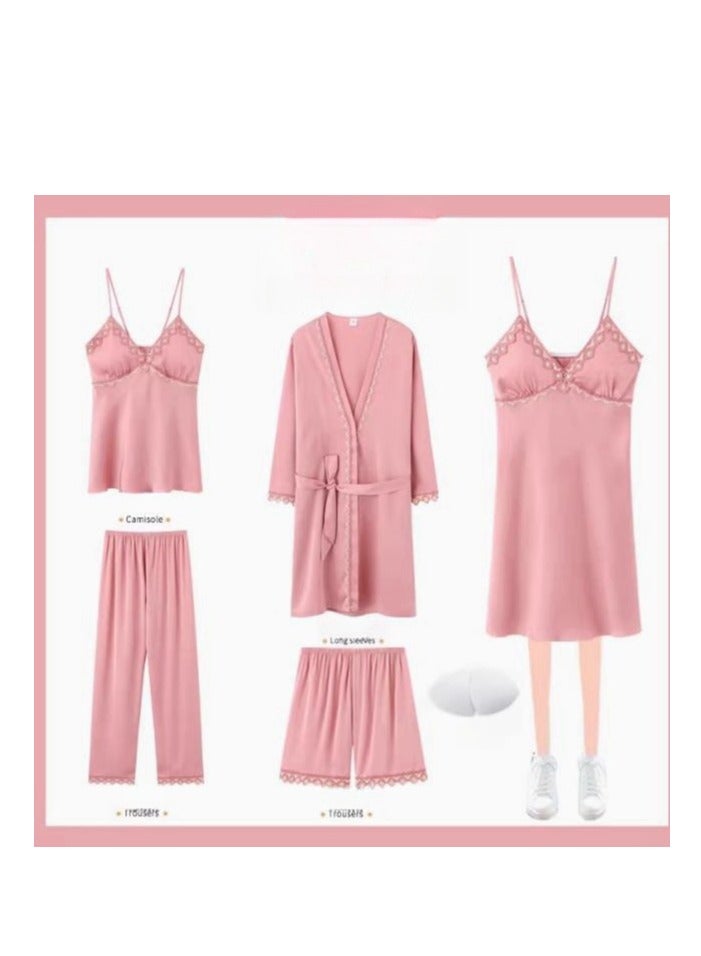 Pajama Women's Ice Silk Five Piece Set With High-End Feel And Chest Cushion Silk Home Suit Set - Image 1