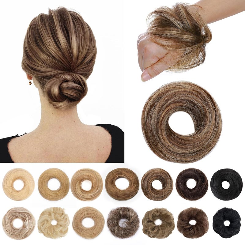 SEGO Human Hair Messy Bun Hair Piece Scrunchies Real Human Hair Natural Wavy Smoothed Updo Hairpieces Donut Chignon Ponytail Extensions for Women GirlsMedium BrownDark Blonde