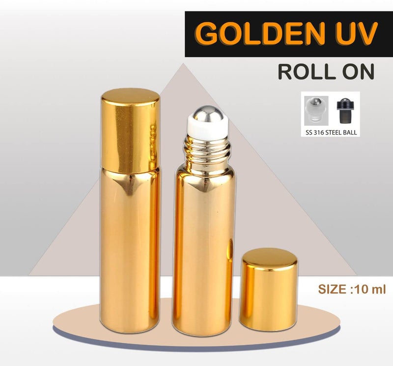 Devinez Multipurpose UV Golden Color Roll On Glass Bottle with steel Ball, 10 ml with Golden Cap (Pack of 4), for Beauty, Essential Oils, Blends, Skin Care, Travel, Toners, Cosmetic & DIY - Image 2