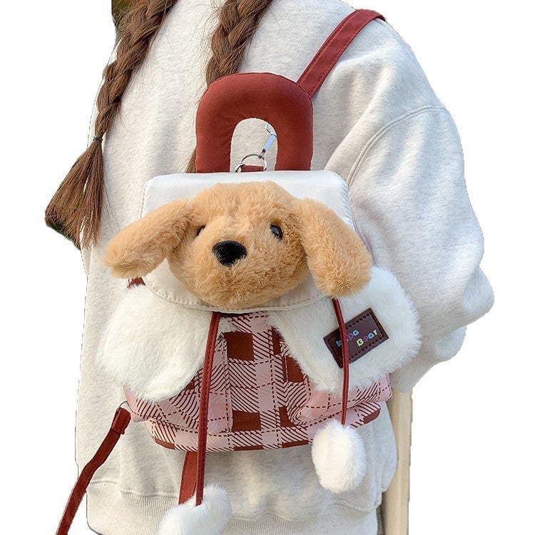 Cute Plush Dog Face Flap Mini Backpack Cartoon Plaid Casual Women's Bag - Image 1