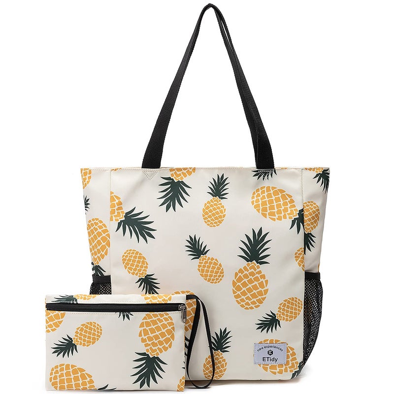 ETidy Large Capacity Foldable Tote Bag With Zipper Water-resistant Sandproof Women Beach Bag Handbag Gym Bag Travel Shopping Bag (Yellow Pineapple) - Image 1