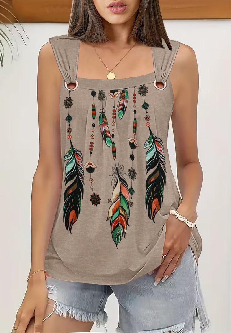 SAUKOLE Summer Cute Printed Tank Tops for Women Casual Pleated Square Neck O Ring Shoulder Blouse - Image 2