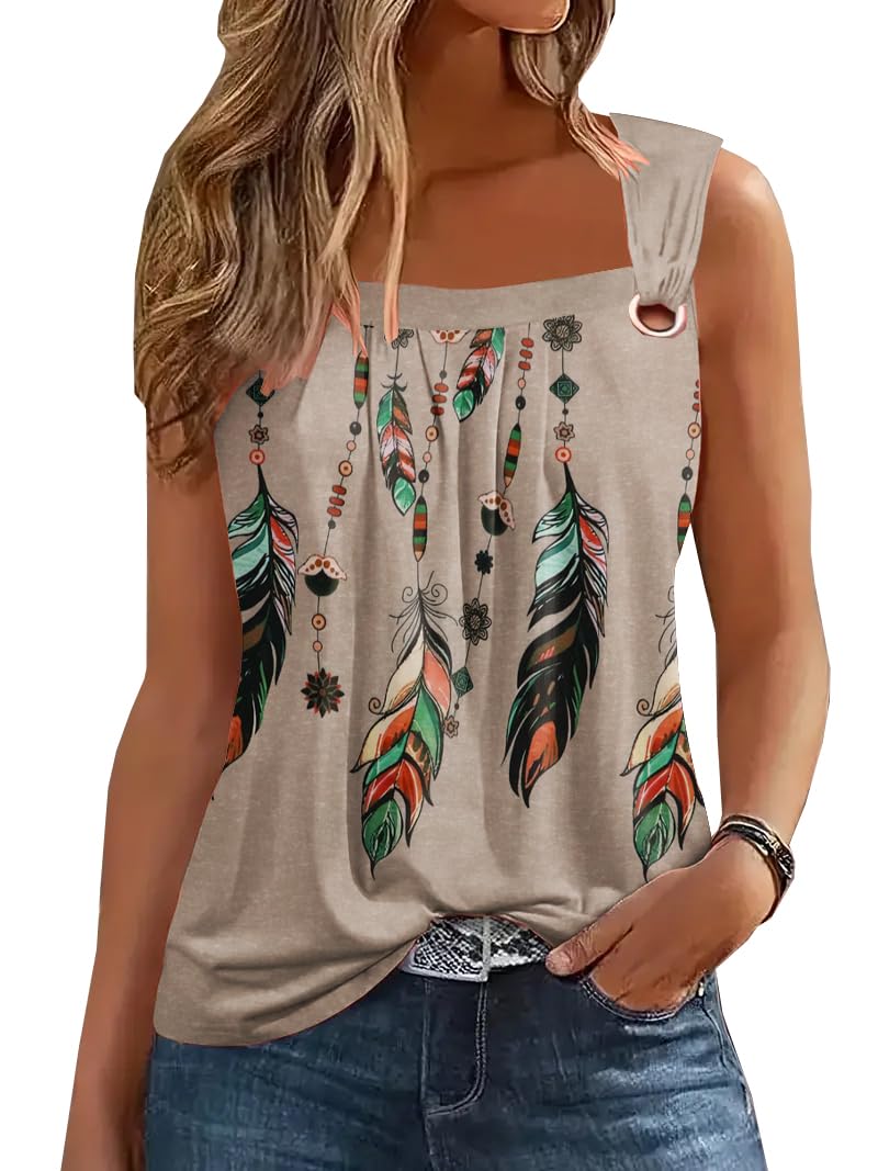 SAUKOLE Summer Cute Printed Tank Tops for Women Casual Pleated Square Neck O Ring Shoulder Blouse - Image 1