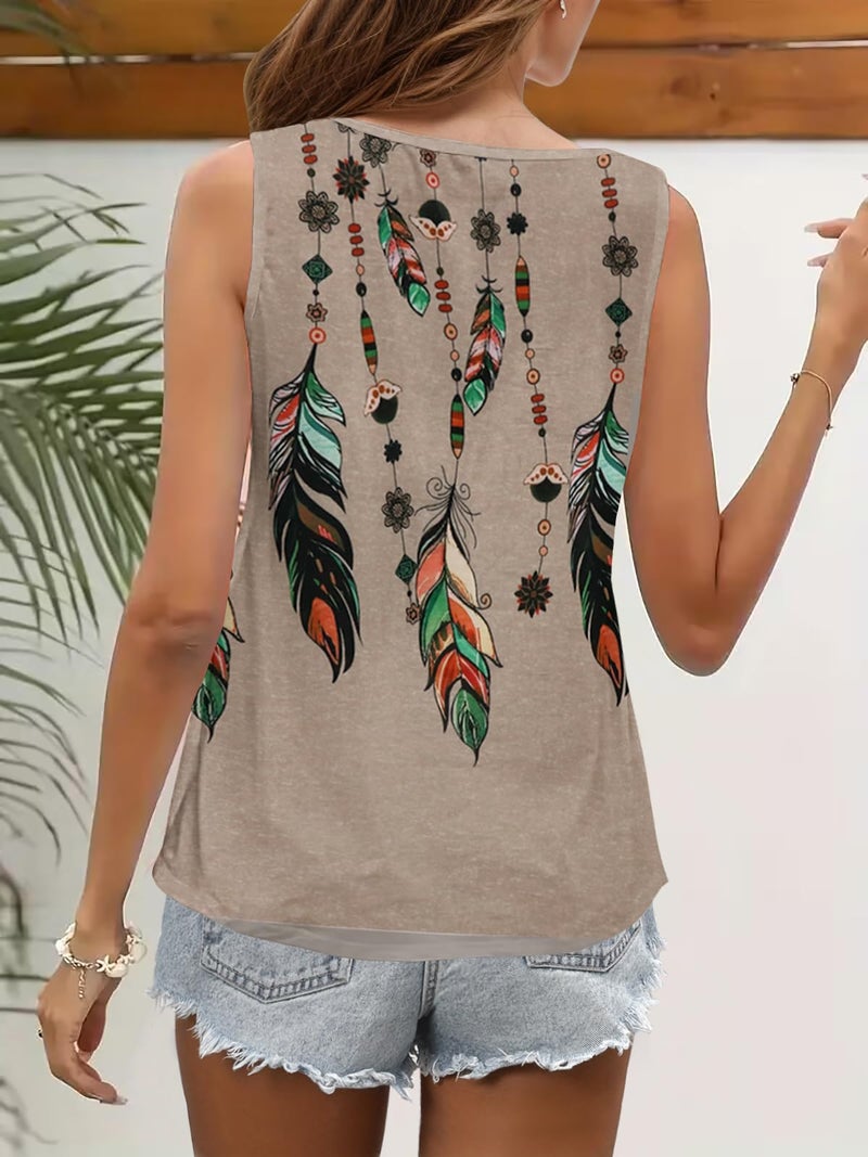 SAUKOLE Summer Cute Printed Tank Tops for Women Casual Pleated Square Neck O Ring Shoulder Blouse - Image 4