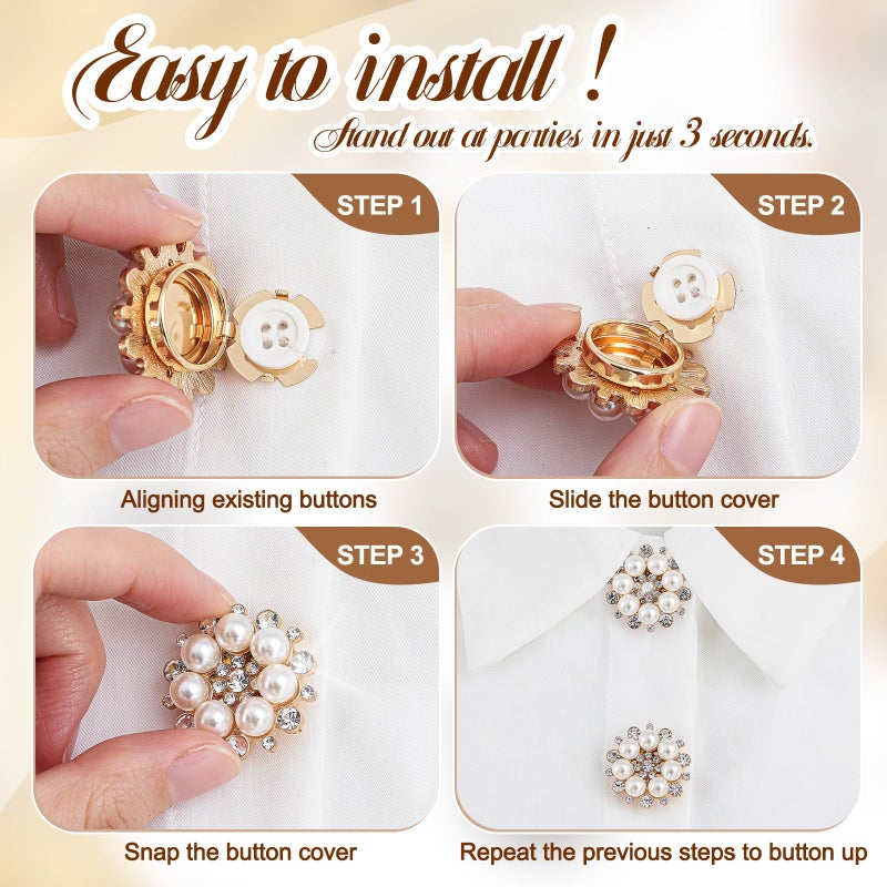 Solsew 6 Sets Button Covers Rhinestone Covers with 20 Pcs 11 Mm/0.43â€ Sewing Buttons Crystal Clip on Jewelry Women Men for Sewing DIY Craft Decor Embellishment(Gold,Pearl) - Image 3