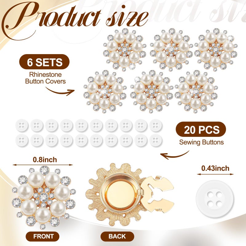 Solsew 6 Sets Button Covers Rhinestone Covers with 20 Pcs 11 Mm/0.43â€ Sewing Buttons Crystal Clip on Jewelry Women Men for Sewing DIY Craft Decor Embellishment(Gold,Pearl) - Image 2