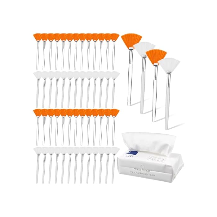 100Pcs Fan Brushes with Disposable Face Towels, Facial Applicator Brush Soft & Thick Makeup Remover Dry Wipes, Mask Acid Applicator Brush, Esthetician Cosmetic Brush for Makeup Peel Mud Cream
