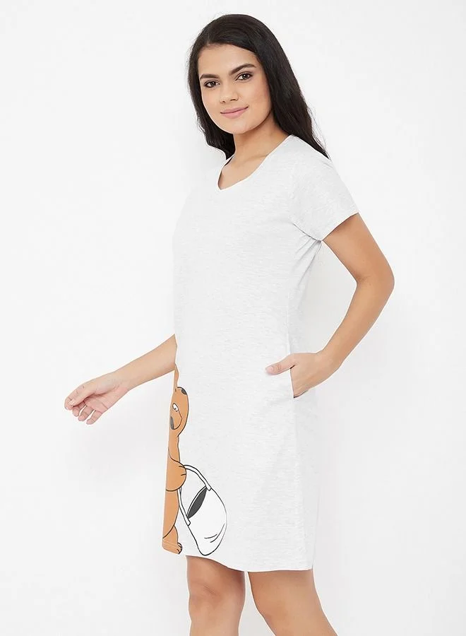كلوفيا Clovia Printed Short Night Dress In Light Grey - Cotton
