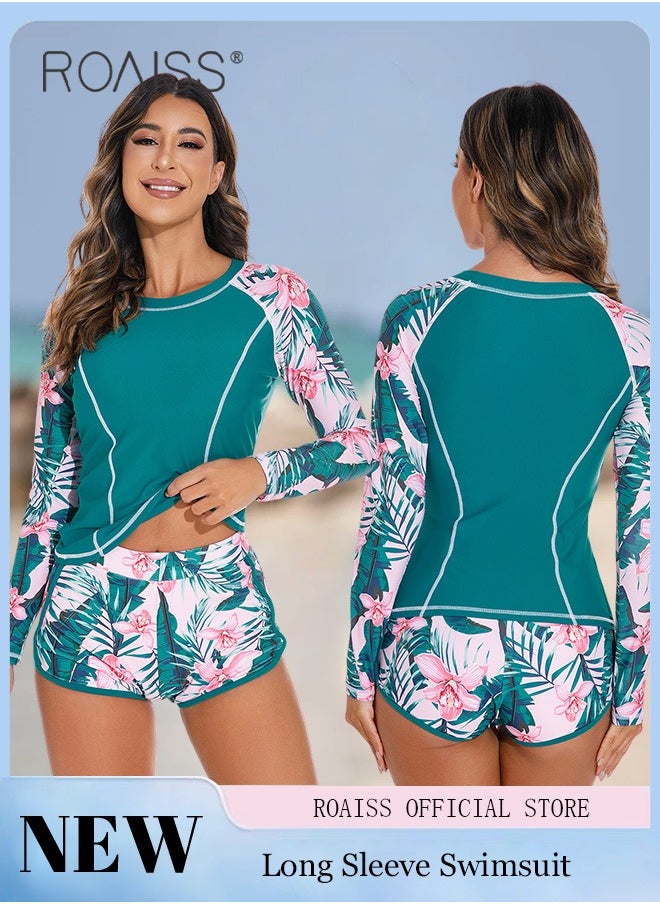 roaiss - Women 2 Piece Swimsuit with Side Tie Boxer Shorts Beach Suit Women Long Sleeved Sun Protection Surfing Wetsuit - Image 1