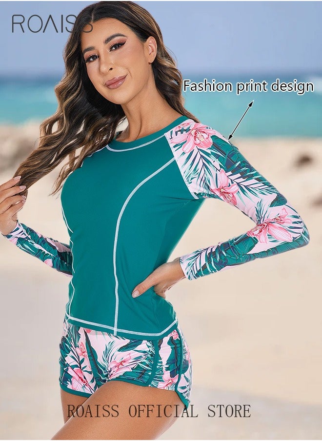 roaiss - Women 2 Piece Swimsuit with Side Tie Boxer Shorts Beach Suit Women Long Sleeved Sun Protection Surfing Wetsuit - Image 1