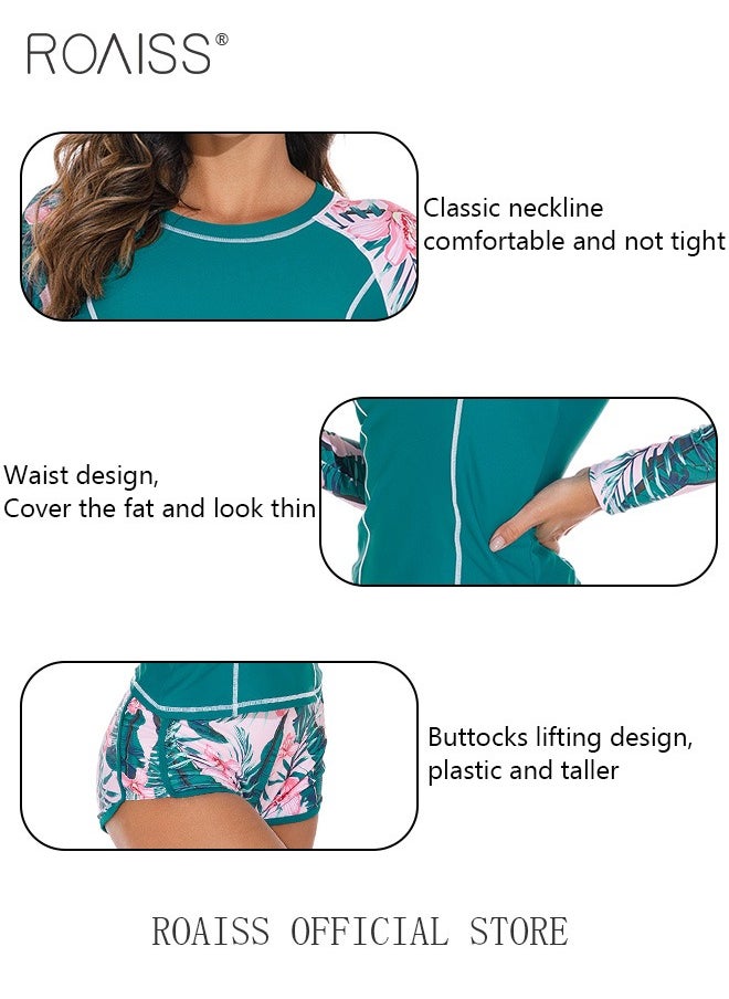 roaiss - Women 2 Piece Swimsuit with Side Tie Boxer Shorts Beach Suit Women Long Sleeved Sun Protection Surfing Wetsuit - Image 1