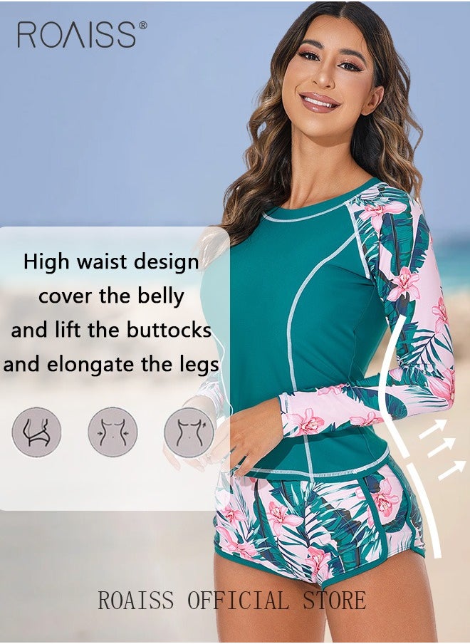 roaiss - Women 2 Piece Swimsuit with Side Tie Boxer Shorts Beach Suit Women Long Sleeved Sun Protection Surfing Wetsuit - Image 1