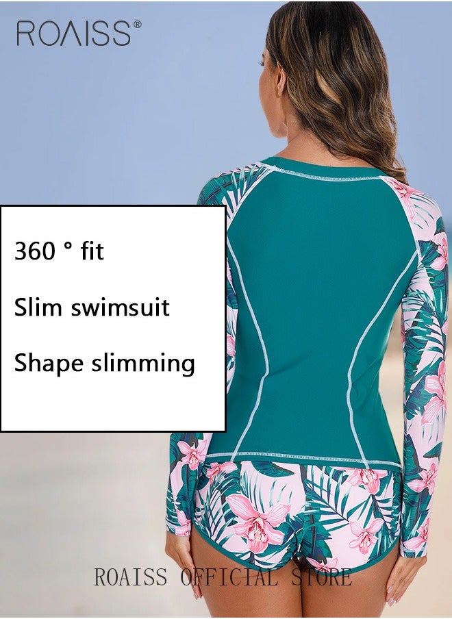 roaiss - Women 2 Piece Swimsuit with Side Tie Boxer Shorts Beach Suit Women Long Sleeved Sun Protection Surfing Wetsuit - Image 1