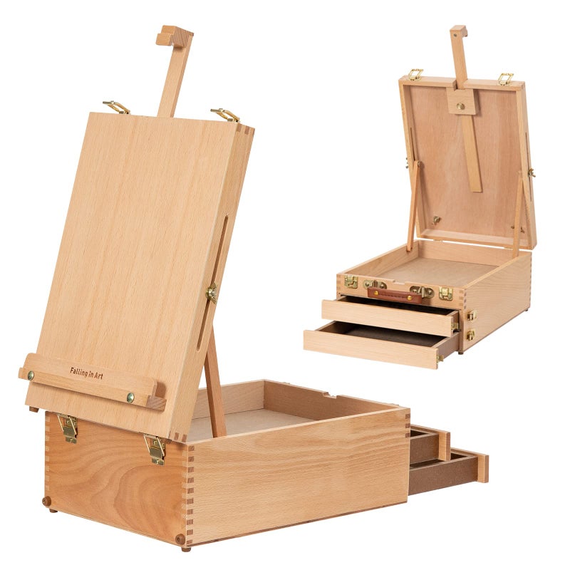 Falling in Art Wooden Tabletop Easel Box Beechwood Sketchbox Table Easel with Storage Drawers Portable Desktop Drawing Easel for Beginners and Professionals
