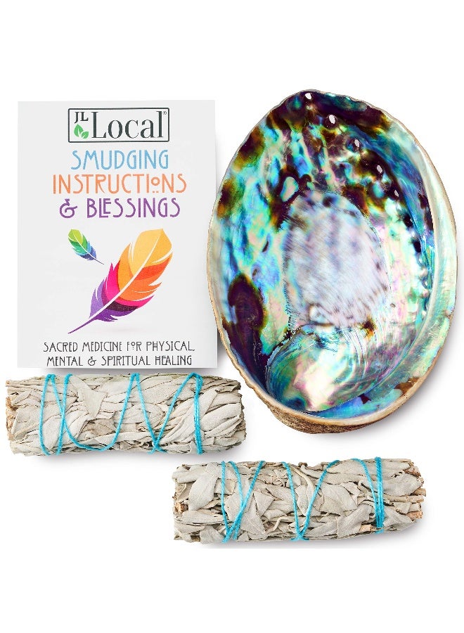 JL Local Origins Smudging Kit - 2 White Sage Smudge Stick + Abalone Shell Bowl | Sustainably Sourced Healing Incense for Home Cleansing, Protection, Meditation, Positive Energy - Image 1