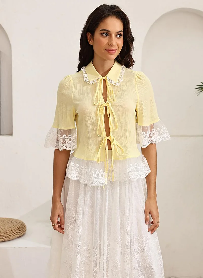 يونيكي Yellow Shirt Collar Short Sleeves Shirt Style Top
