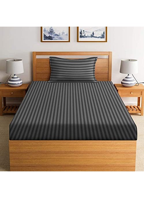 New Leaf NEW LEAF Cotton 240 Thread Count Egyptian Solid Striped Single/Coat Size Bed Flat Bed Sheets, 2 Pillow Cover (Grey Stripe)  - Image 1