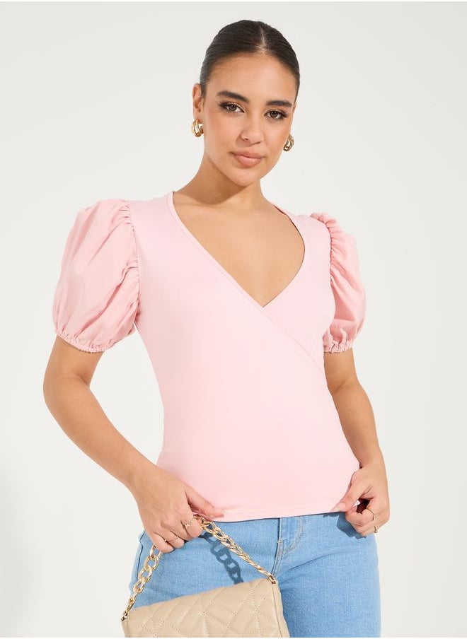 Solid Mock Wrap Top with V Neck & Balloon Sleeve