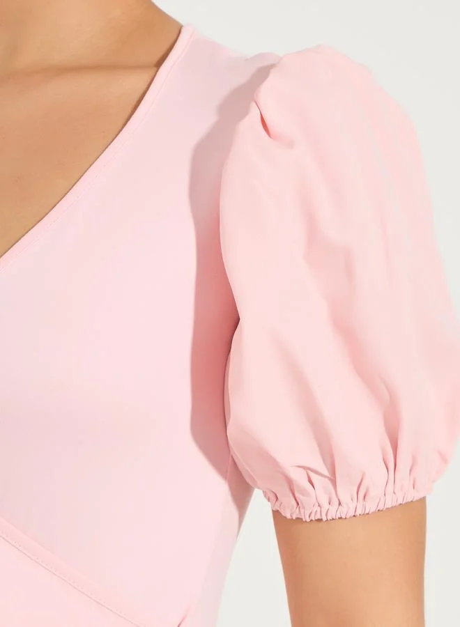 Styli Solid Mock Wrap Top with V Neck & Balloon Sleeve