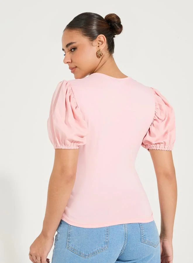 Styli Solid Mock Wrap Top with V Neck & Balloon Sleeve
