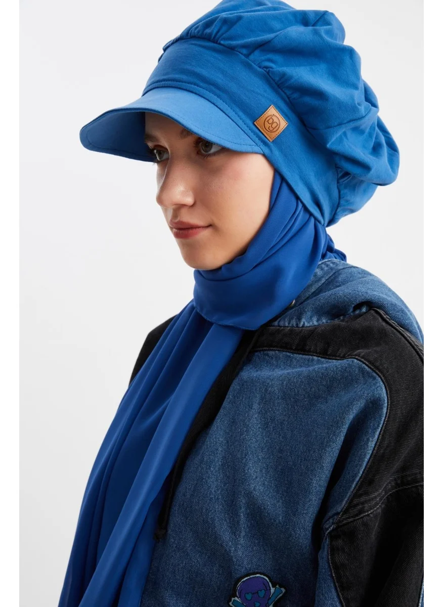 Butikgiz Midnight Blue and Leopard Women's Hijab Multi Chiffon Silky Shawl and Cotton Combed Visor Hat 2 Sets in One