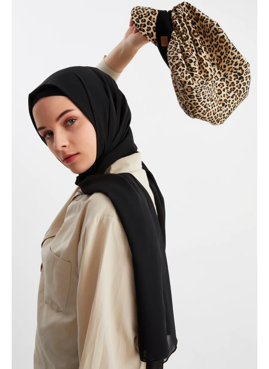 Butikgiz Midnight Blue and Leopard Women's Hijab Multi Chiffon Silky Shawl and Cotton Combed Visor Hat 2 Sets in One