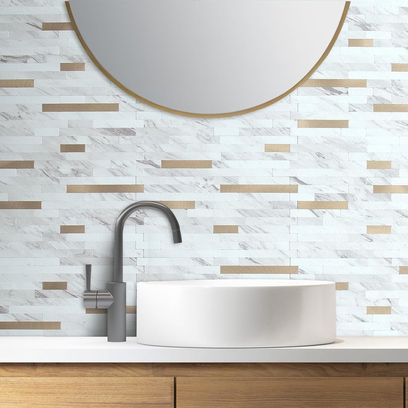 AULIGET 2 Sheets Faux Stone White Marble Peel and Stick Backsplash, PVC Mixed Metal Champagne Gold Wall Tile Stick on Backsplash for Kitchen and Bathroom - Image 4