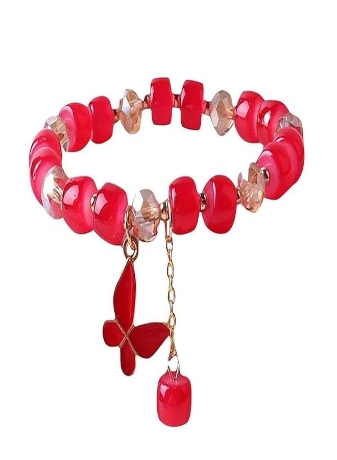 El Regalo 1 PC Butterfly Crystal Beads Tassel Bracelet With Cute Enamel Butterfly Charms for Girls/Teens/Women (Red Butterfly) - Image 2