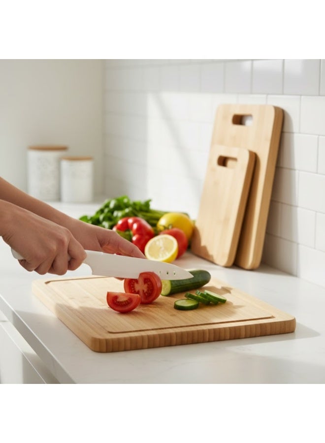 JINZIFENG Bamboo Cutting Board Set with Knife – 3 Pcs Wooden Chopping Boards Set and 1 Pcs Knife, Eco-Friendly Bamboo Wood Cutting Boards for Kitchen, Meat, Vegetables, Fruits, Bread, Durable Non-Slip Kitchen Cutting Board Set with Handle Slot & Chef Knife - Image 2