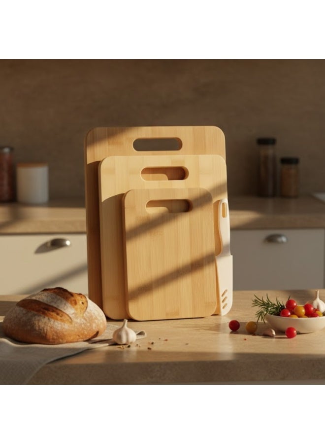 JINZIFENG Bamboo Cutting Board Set with Knife – 3 Pcs Wooden Chopping Boards Set and 1 Pcs Knife, Eco-Friendly Bamboo Wood Cutting Boards for Kitchen, Meat, Vegetables, Fruits, Bread, Durable Non-Slip Kitchen Cutting Board Set with Handle Slot & Chef Knife - Image 3