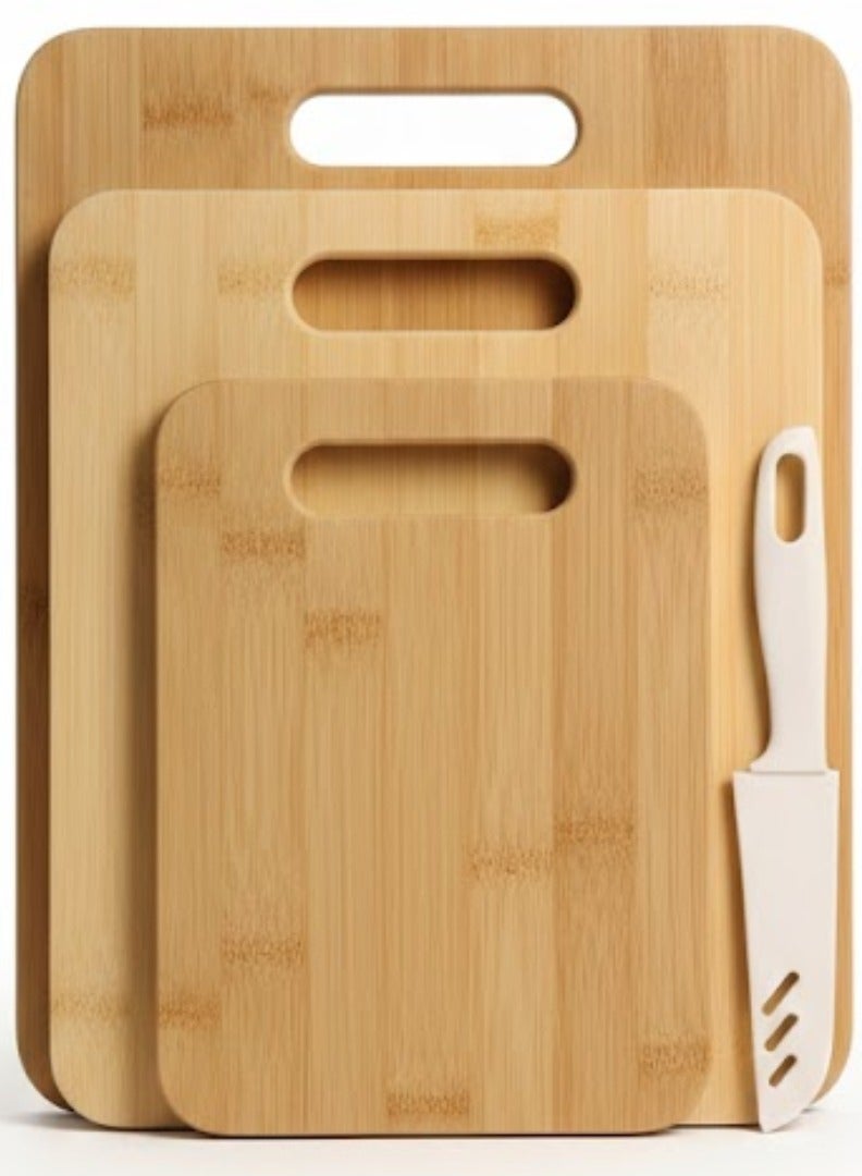 JINZIFENG Bamboo Cutting Board Set with Knife – 3 Pcs Wooden Chopping Boards Set and 1 Pcs Knife, Eco-Friendly Bamboo Wood Cutting Boards for Kitchen, Meat, Vegetables, Fruits, Bread, Durable Non-Slip Kitchen Cutting Board Set with Handle Slot & Chef Knife - Image 1