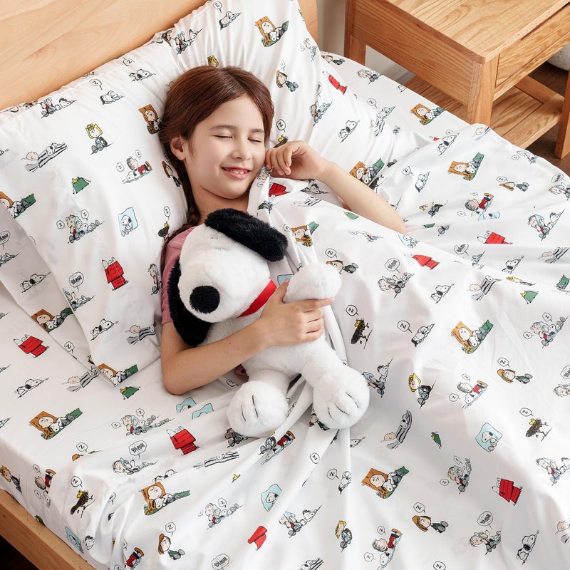 Berkshire Blanket Berkshire Blanket Peanuts Kids Sheet Set Queen Size - 4 Pieces Cute Character Snoopy Printed Soft Microfiber Bed Sheets Peanuts Sleeping Colorized White  - Image 3