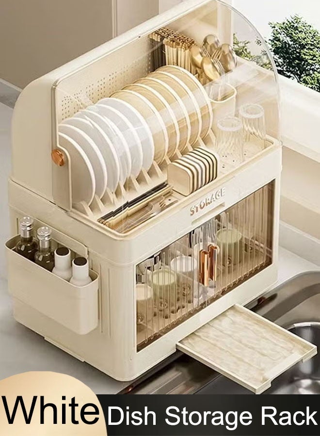 رف تخزين الأطباق، رف تجفيف الأطباق مع غطاء، رف أطباق كبير لخزائن المطبخ، مصفاة أطباق بلاستيكية مع صينية تصريف من طبقتين، صينية أكواب أطباق المطبخ، مصفاة أدوات مائدة، منظم سطح عمل موفر للمساحة في المطبخ - Image 1