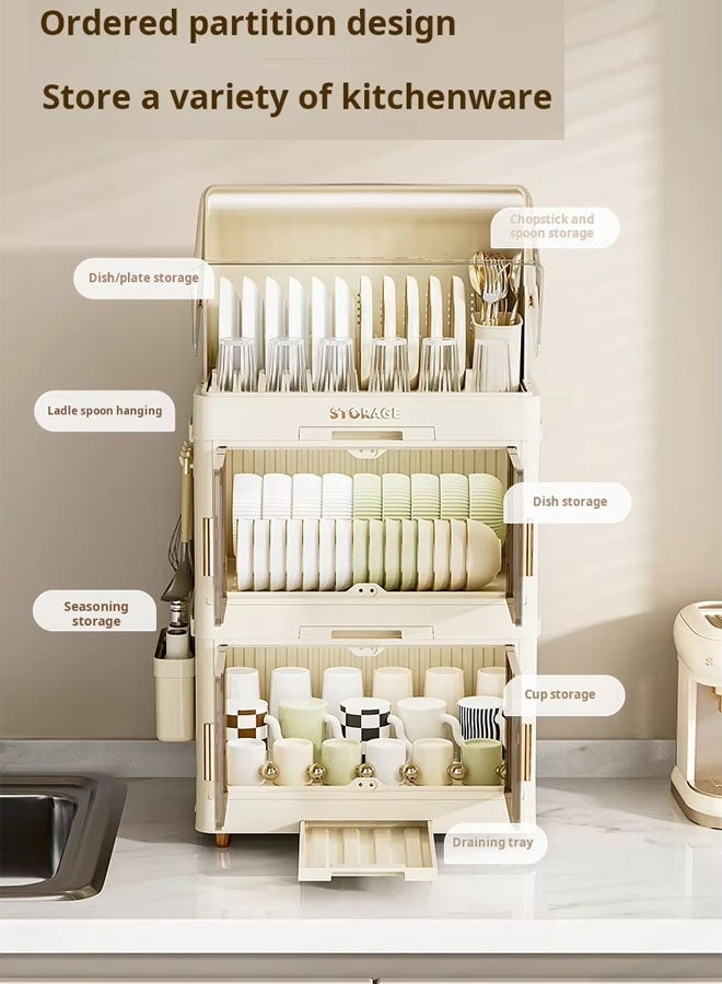 رف تخزين الأطباق، رف تجفيف الأطباق مع غطاء، رف أطباق كبير لخزائن المطبخ، مصفاة أطباق بلاستيكية مع صينية تصريف من طبقتين، صينية أكواب أطباق المطبخ، مصفاة أدوات مائدة، منظم سطح عمل موفر للمساحة في المطبخ - Image 3