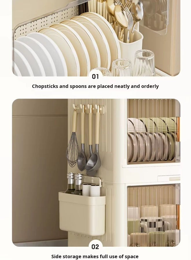 رف تخزين الأطباق، رف تجفيف الأطباق مع غطاء، رف أطباق كبير لخزائن المطبخ، مصفاة أطباق بلاستيكية مع صينية تصريف من طبقتين، صينية أكواب أطباق المطبخ، مصفاة أدوات مائدة، منظم سطح عمل موفر للمساحة في المطبخ - Image 4