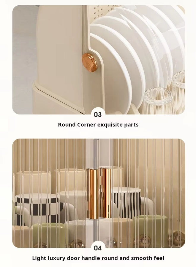 رف تخزين الأطباق، رف تجفيف الأطباق مع غطاء، رف أطباق كبير لخزائن المطبخ، مصفاة أطباق بلاستيكية مع صينية تصريف من طبقتين، صينية أكواب أطباق المطبخ، مصفاة أدوات مائدة، منظم سطح عمل موفر للمساحة في المطبخ - Image 5