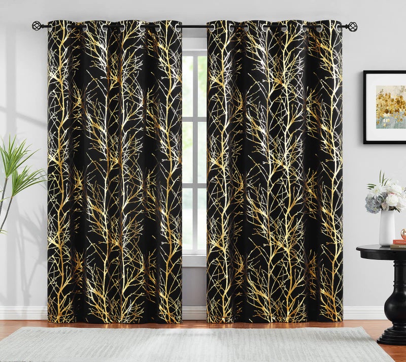 FMFUNCTEX Foil Black Blackout Curtains Bedroom Metallic Branch Pattern Window Panels for Living Room Modern Shiny Curtain Panels Grommet Top Thermal Curtain Drapes 2 Panels - Image 2