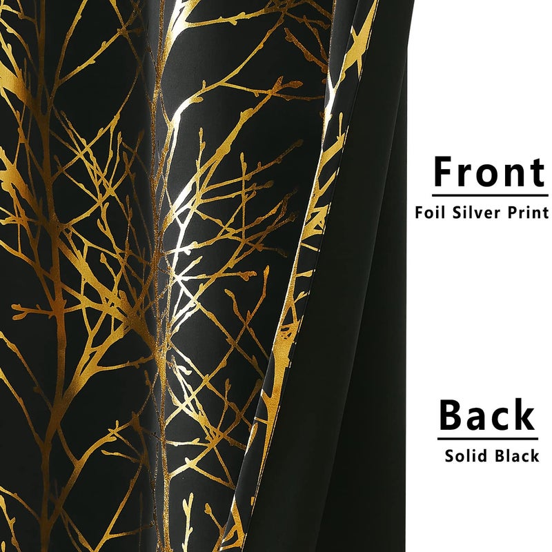 FMFUNCTEX Foil Black Blackout Curtains Bedroom Metallic Branch Pattern Window Panels for Living Room Modern Shiny Curtain Panels Grommet Top Thermal Curtain Drapes 2 Panels - Image 4