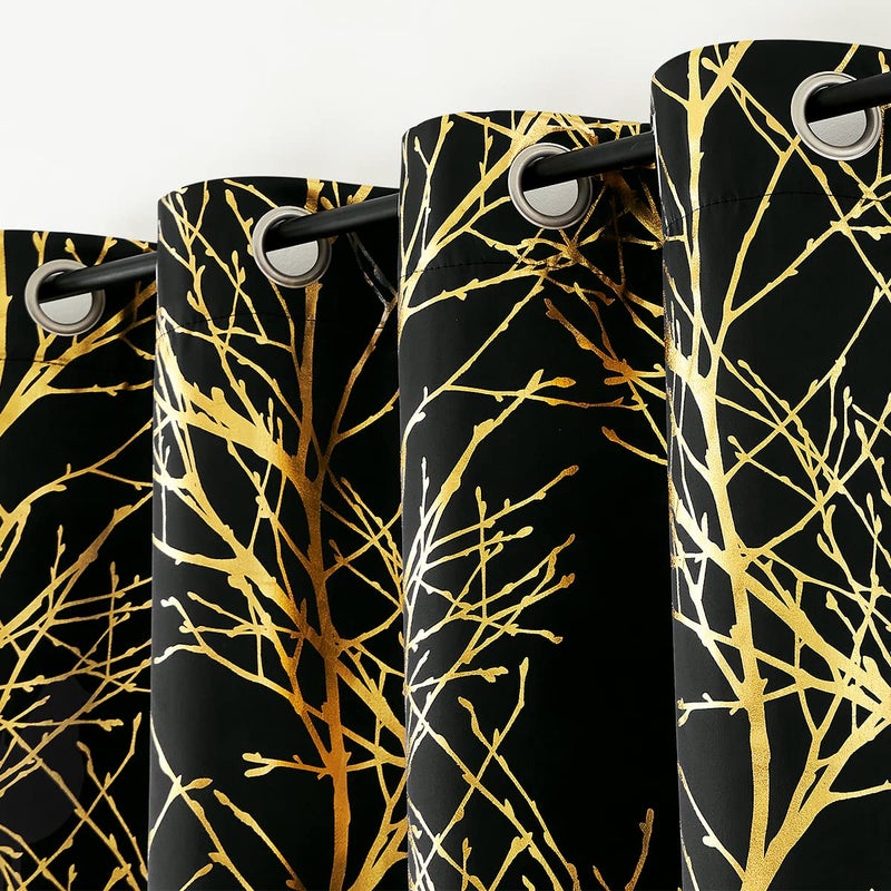FMFUNCTEX Foil Black Blackout Curtains Bedroom Metallic Branch Pattern Window Panels for Living Room Modern Shiny Curtain Panels Grommet Top Thermal Curtain Drapes 2 Panels - Image 1