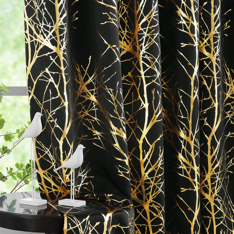 FMFUNCTEX Foil Black Blackout Curtains Bedroom Metallic Branch Pattern Window Panels for Living Room Modern Shiny Curtain Panels Grommet Top Thermal Curtain Drapes 2 Panels - Image 3