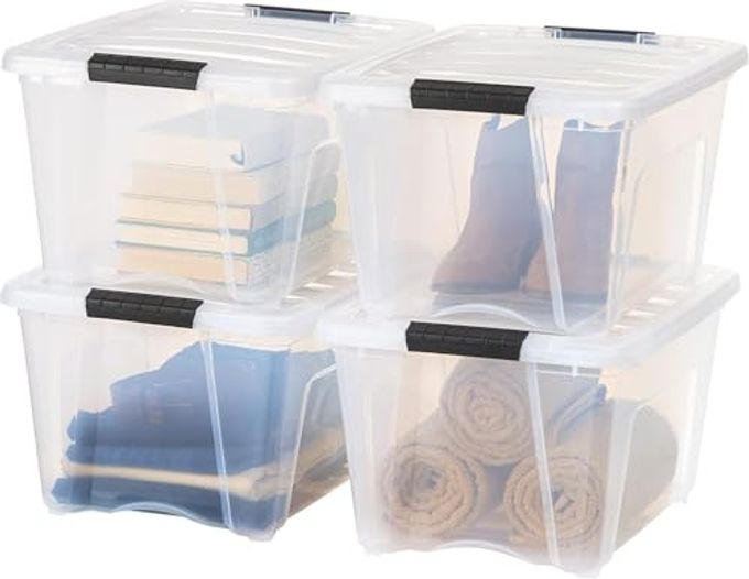 USA 32 QT STACKABLE PLASTIC STORAGE BINS WITH LIDS 4 PACK BPAFREE MADE IN USA SEETHROUGH ORGANIZING SOLUTION LATCHES DURABLE NESTABLE CONTAINERS SECURE PULL HANDLE CLEAR