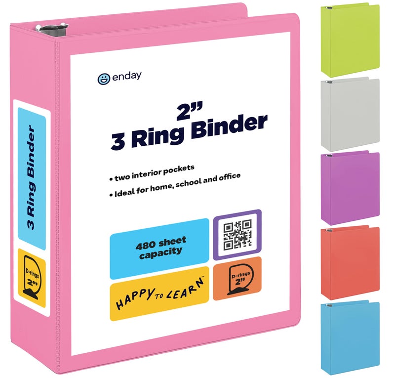 Enday 2 Inch 3 Ring Binder 2” Pink, Slant D-Ring 2 in Binder Clear View Cover with 2 Inside Pockets, Heavy Duty Colored School Supplies Office and Home Binders – by Enday - Image 1