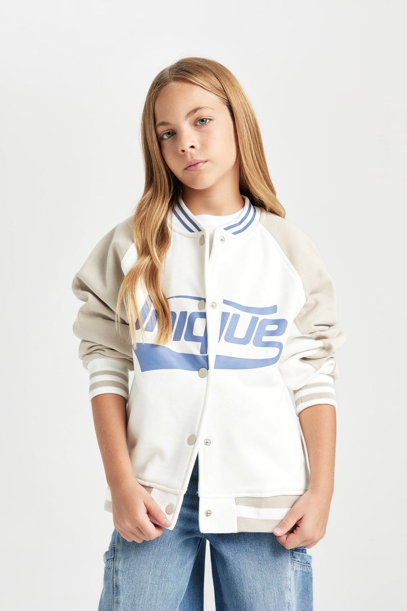 DeFacto Girl College Collar Double Pocket Printed Thick Bomber Jacket - Image 1