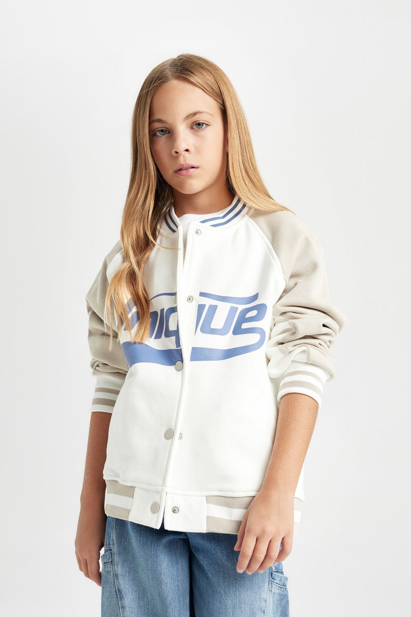 DeFacto Girl College Collar Double Pocket Printed Thick Bomber Jacket - Image 5