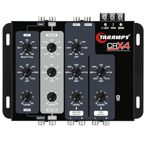 Taramp's معالج الصوت Taramps Crx4 4 قنوات إلكتروني مع تقاطع RCA 8 فولت RMS للسيارات، مكافئ ستيريو رائع للجهير/العالي مع تعزيز الجهير، حجم مدمج - Image 1