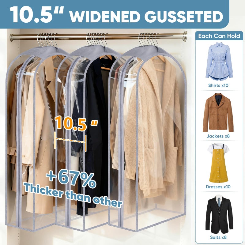 BALEINE 60'' Clear Garment Bags, 10.5'' Wide PEVA Suit Bag for Closet Clothes Dresses Suit Coats Storage (Clear, 3PK) - Image 3