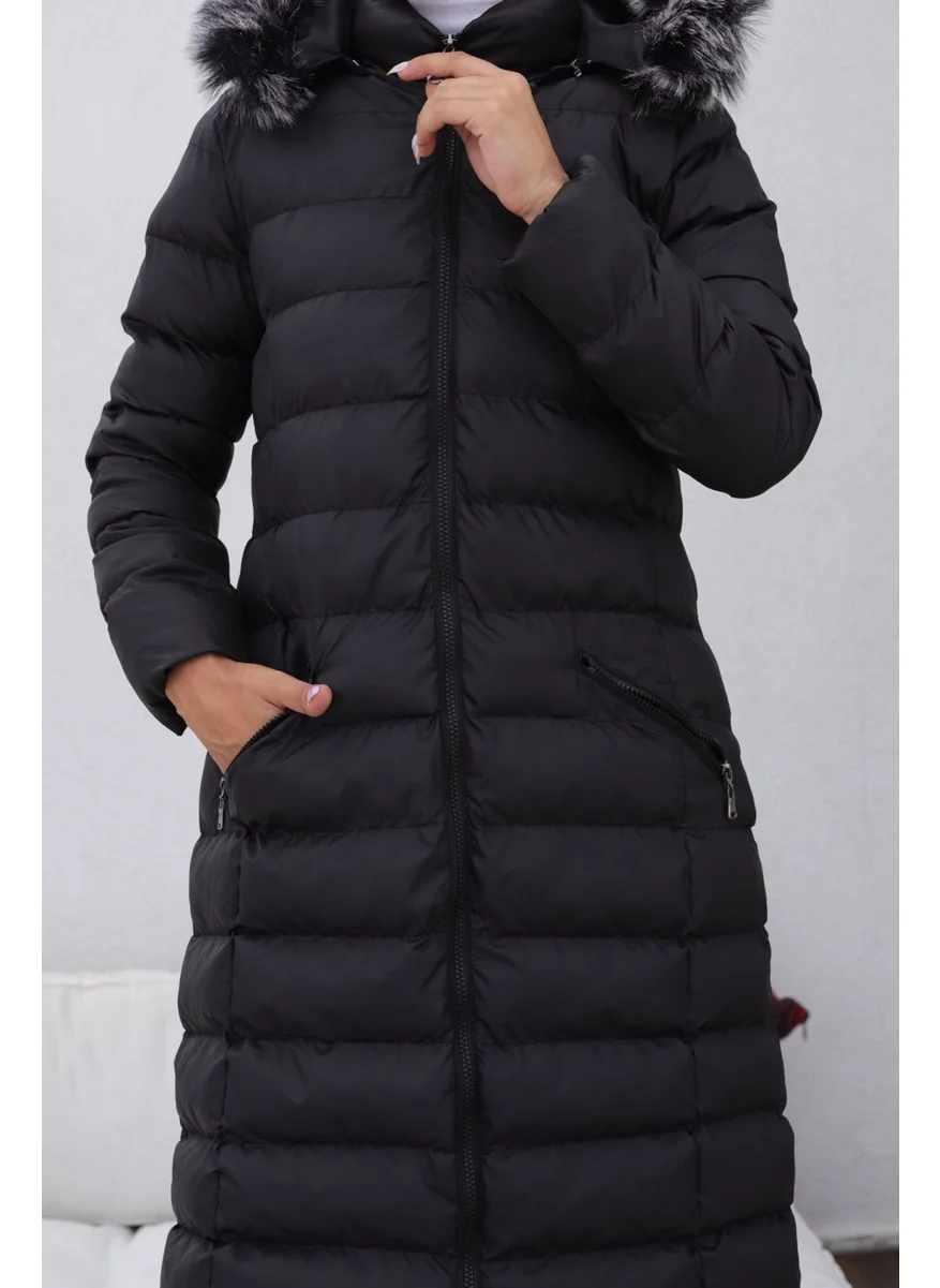 Kmk Kombin KMK Combination Kmkkombin Long Filled Black Puffer Jacket Hooded Furry Dense Fiber Large Size