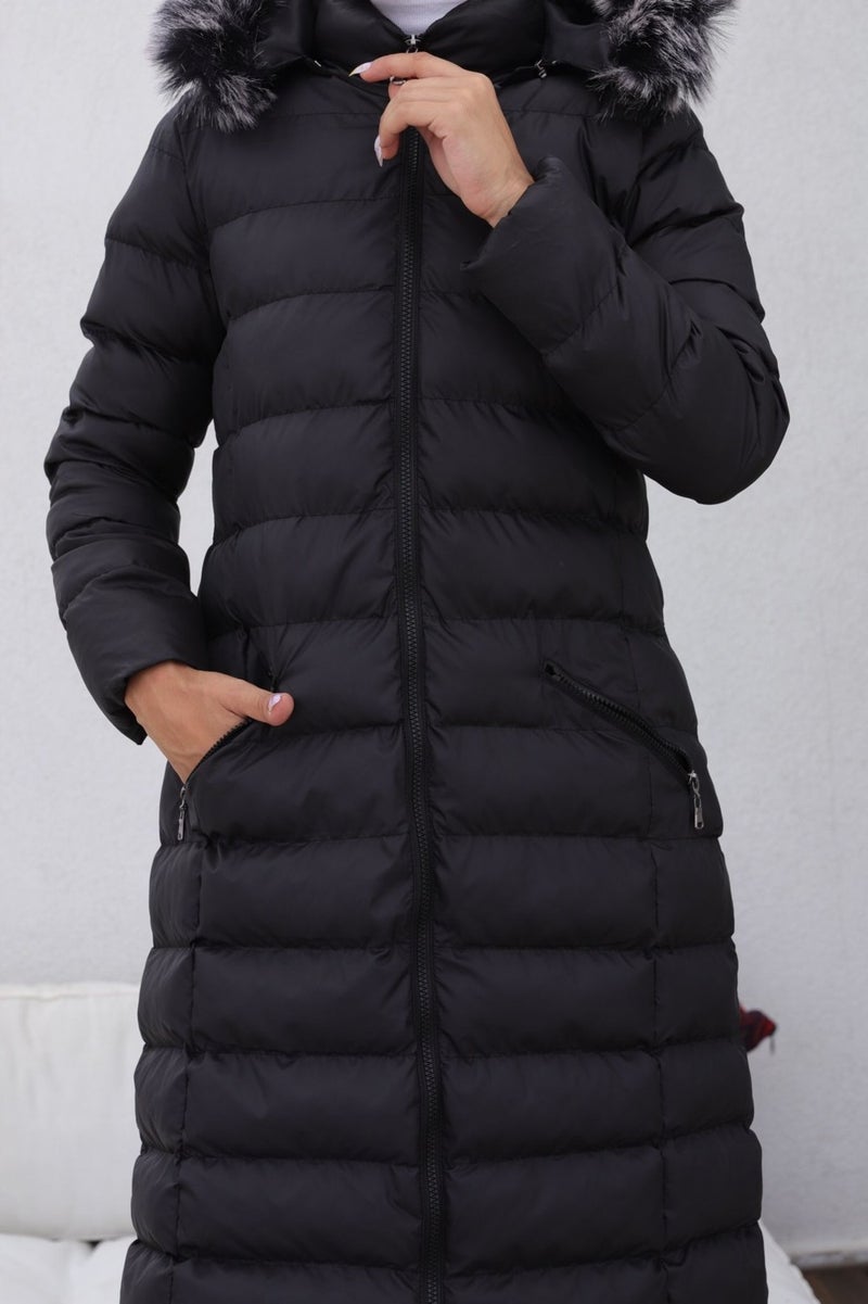 KMK Kombin KMK Combination Kmkkombin Long Filled Black Puffer Jacket Hooded Furry Dense Fiber Large Size  - Image 1