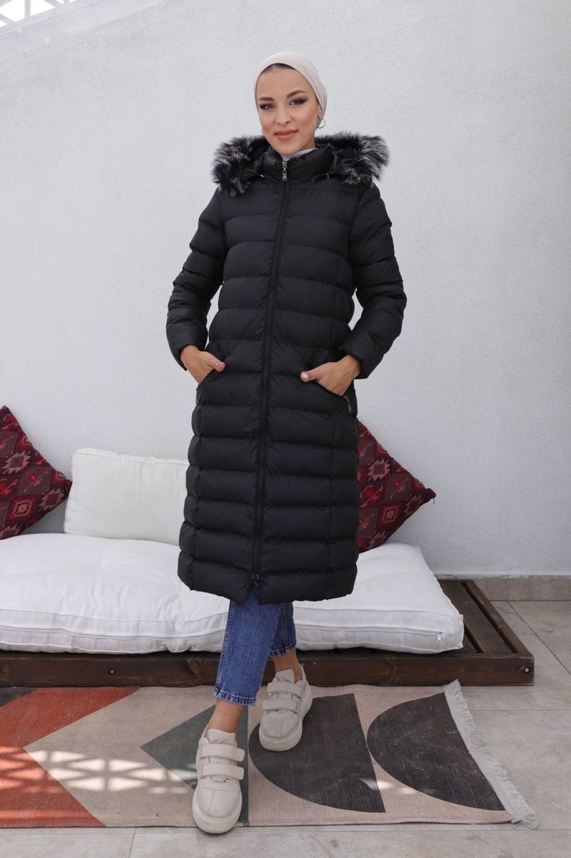 KMK Kombin KMK Combination Kmkkombin Long Filled Black Puffer Jacket Hooded Furry Dense Fiber Large Size  - Image 5